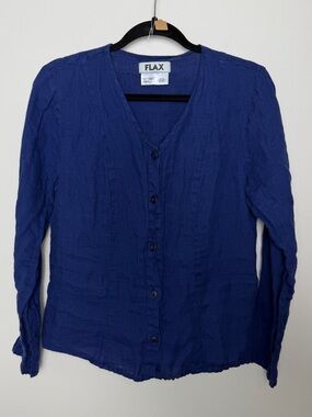 Flax 100% linen deep blue button front cinch back long sleeve top size small